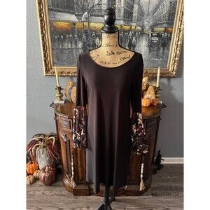 MSK Black Dress w/ pink Floral embroidered sleeves - Large